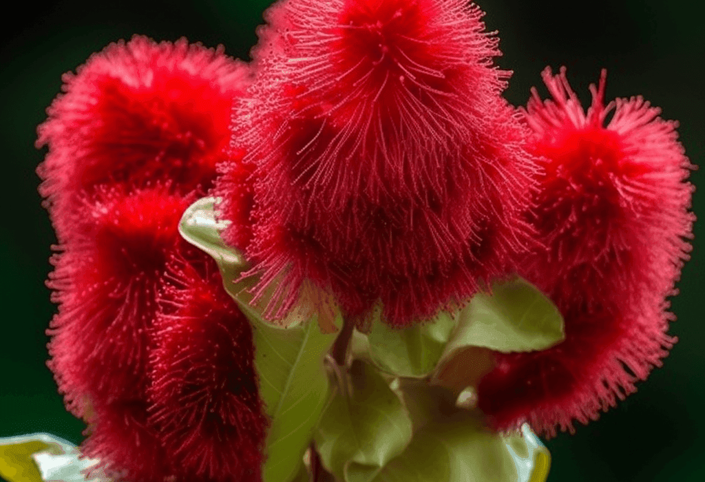 Annatto (Achiote – Bixa orellana) seed and fruit illustration, a vibrant botanical featured in Interstellar Blends' herbal formulas, known for its antioxidant-rich compounds like tocotrienols, and its support for eye, skin, and cellular health