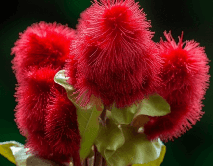 Annatto (Achiote – Bixa orellana) seed and fruit illustration, a vibrant botanical featured in Interstellar Blends' herbal formulas, known for its antioxidant-rich compounds like tocotrienols, and its support for eye, skin, and cellular health
