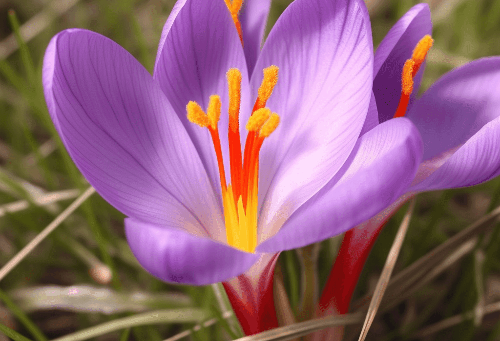 Crocus sativus (Saffron) – A vibrant image of Crocus sativus, the source of Saffron in Interstellar Blends, prized for mood and cognitive support.