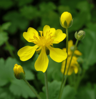 Chelidonium majus (Greater Celandine) plant illustration, a traditional medicinal herb featured in Interstellar Blends' herbal formulas, known for its liver-cleansing, antispasmodic, and anti-inflammatory properties