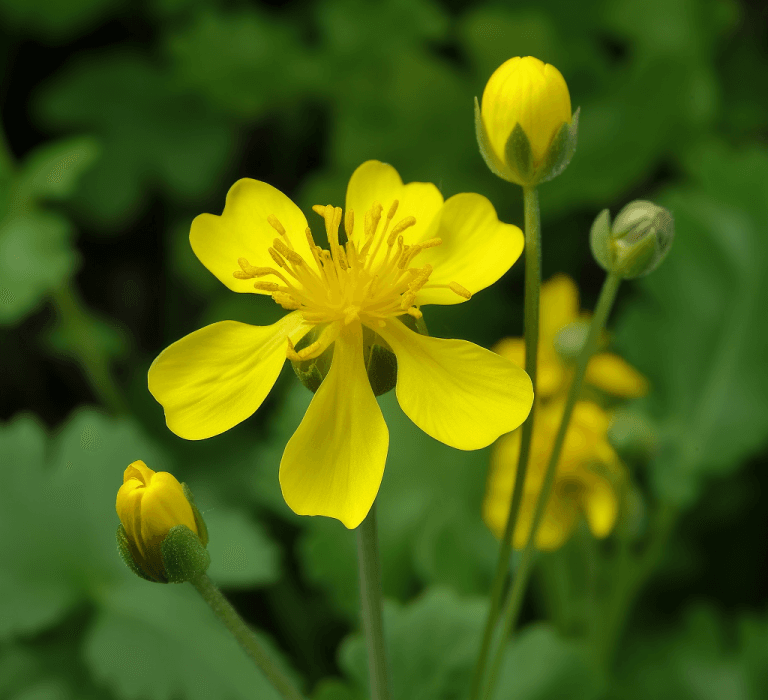 Chelidonium majus (Greater Celandine) plant illustration, a traditional medicinal herb featured in Interstellar Blends' herbal formulas, known for its liver-cleansing, antispasmodic, and anti-inflammatory properties