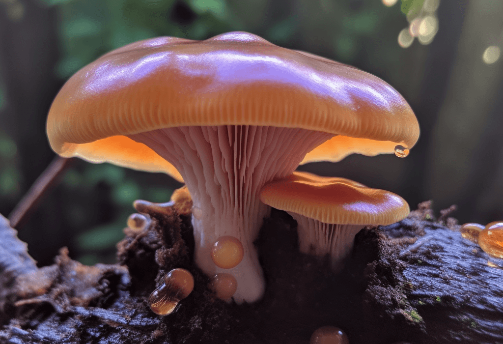 Flammulina velutipes (Enokitake) – A bright capture of Enokitake mushrooms, featured in Interstellar Blends for immune support and cognitive enhancement.