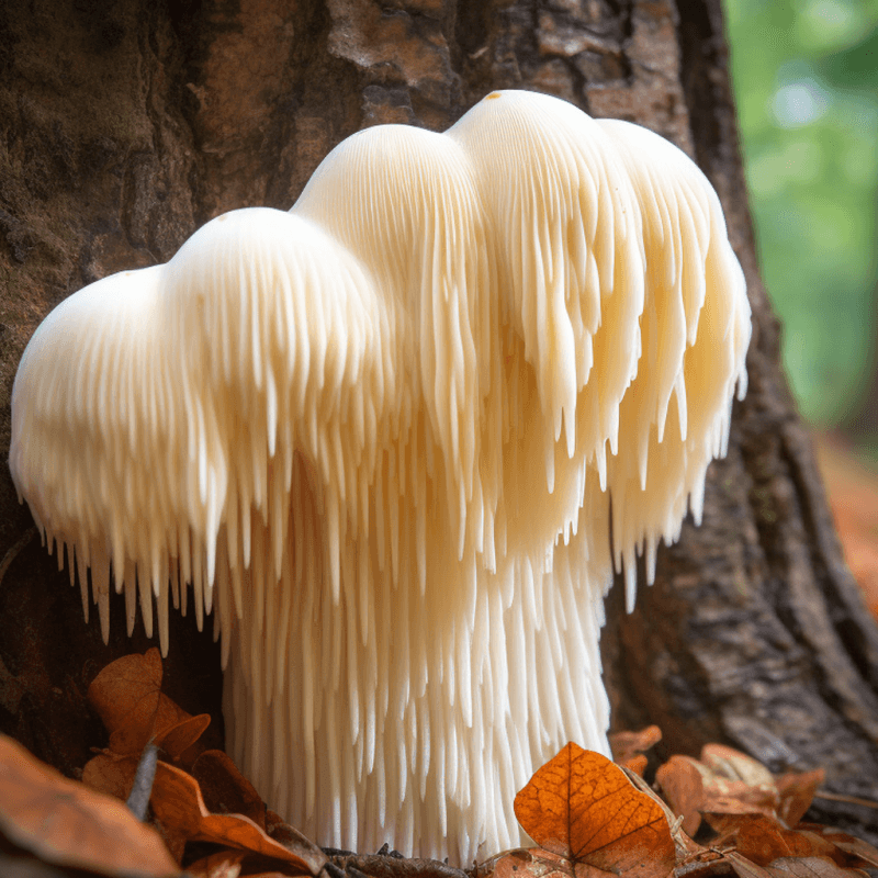 Lion’s Mane (Hericium erinaceus) – A detailed image of Lion’s Mane mushrooms, featured in Interstellar Blends for cognitive function and nerve regeneration.
