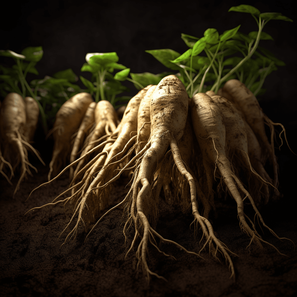 Korean Red Ginseng – A high-resolution capture of Ginseng roots, a powerful adaptogen in Interstellar Blends for vitality and immune support.