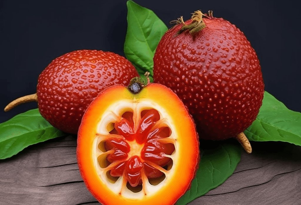 Momordica cochinchinensis – A vibrant image of Momordica cochinchinensis (Gac fruit), featured in Interstellar Blends for its antioxidant-rich profile.