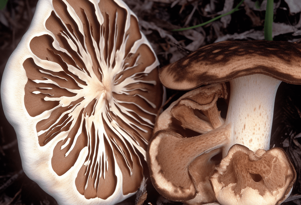 Sarcodon imbricatus (Scaly Tooth Mushroom) illustration, a rare medicinal fungus featured in Interstellar Blends' herbal formulas, known for its neuroprotective, anti-inflammatory, and immune-enhancing properties