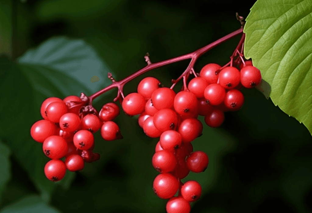 Schisandra chinensis – A vibrant image of Schisandra chinensis (Five-flavor berry), an adaptogen in Interstellar Blends for stress resilience and liver support.