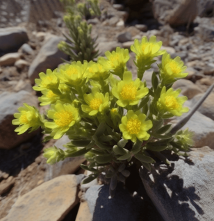 Teucrium Polium plant with delicate silvery-green leaves and small clustered flowers, known for its potent antioxidant and anti-inflammatory properties. Featured in Interstellar Blends' herbal formulations for holistic health and vitality.