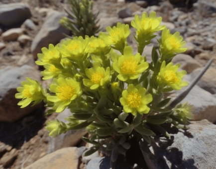 Teucrium Polium plant with delicate silvery-green leaves and small clustered flowers, known for its potent antioxidant and anti-inflammatory properties. Featured in Interstellar Blends' herbal formulations for holistic health and vitality.
