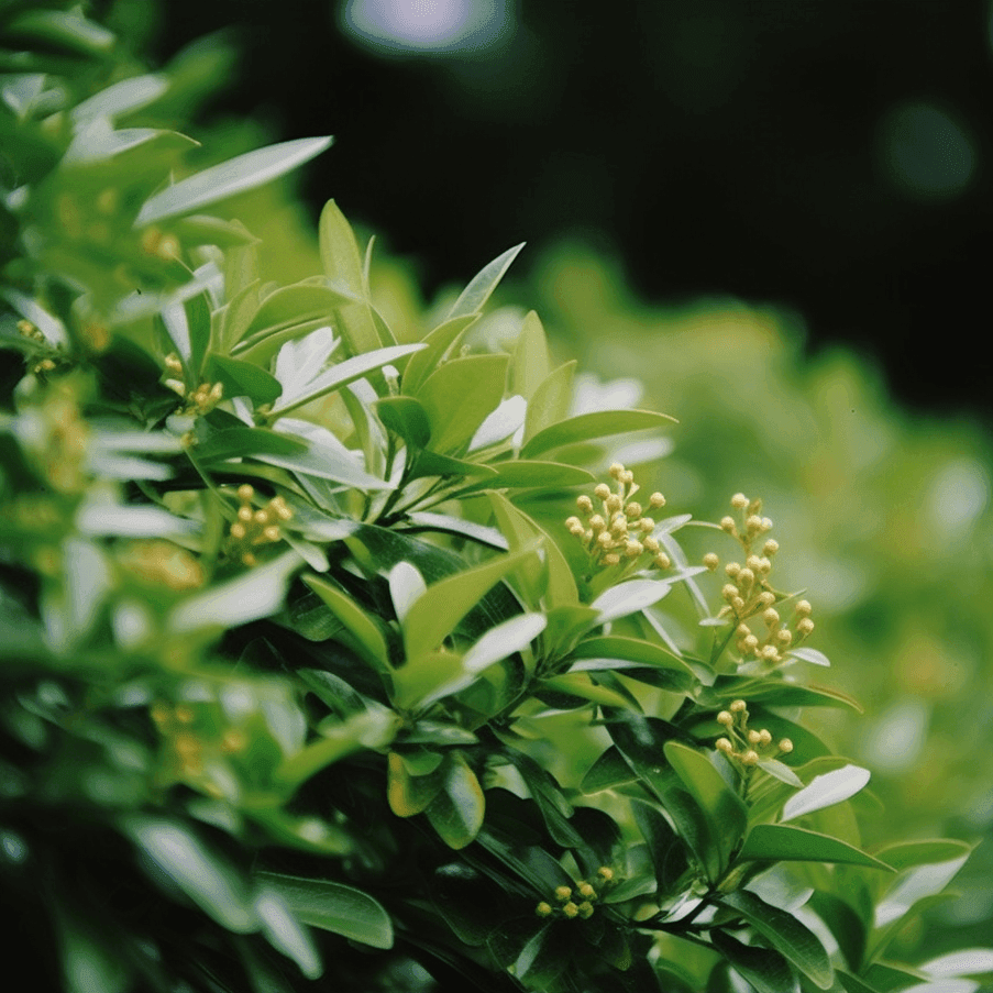 Buxus wallichiana (Himalayan Boxwood) plant illustration, a traditional medicinal shrub featured in Interstellar Blends' herbal formulas, known for its anti-inflammatory, antimalarial, and fever-reducing properties