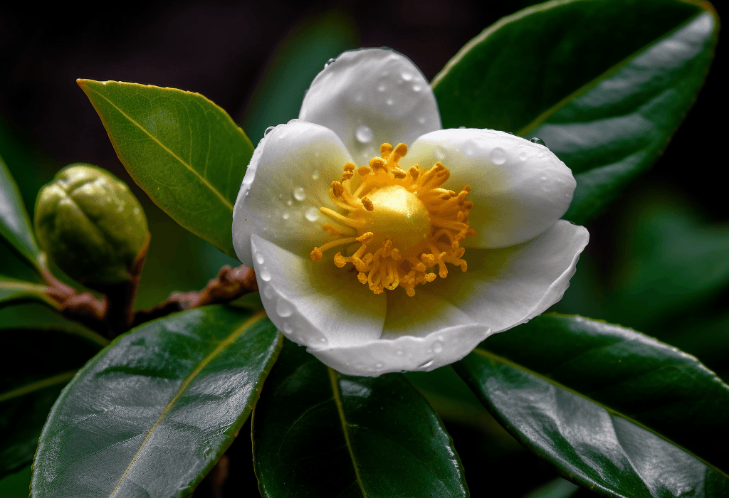 A vivid shot of Camellia sinensis, the tea plant featured in Interstellar Blends for its powerful antioxidants.