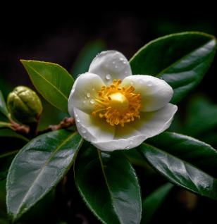 A vivid shot of Camellia sinensis, the tea plant featured in Interstellar Blends for its powerful antioxidants.