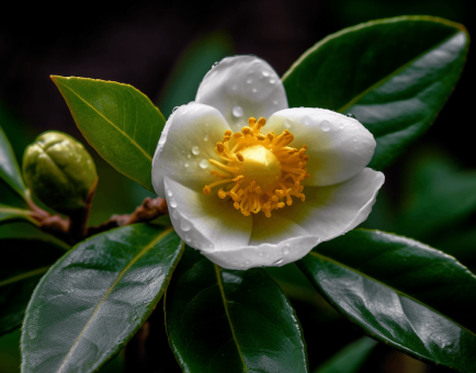 A vivid shot of Camellia sinensis, the tea plant featured in Interstellar Blends for its powerful antioxidants.