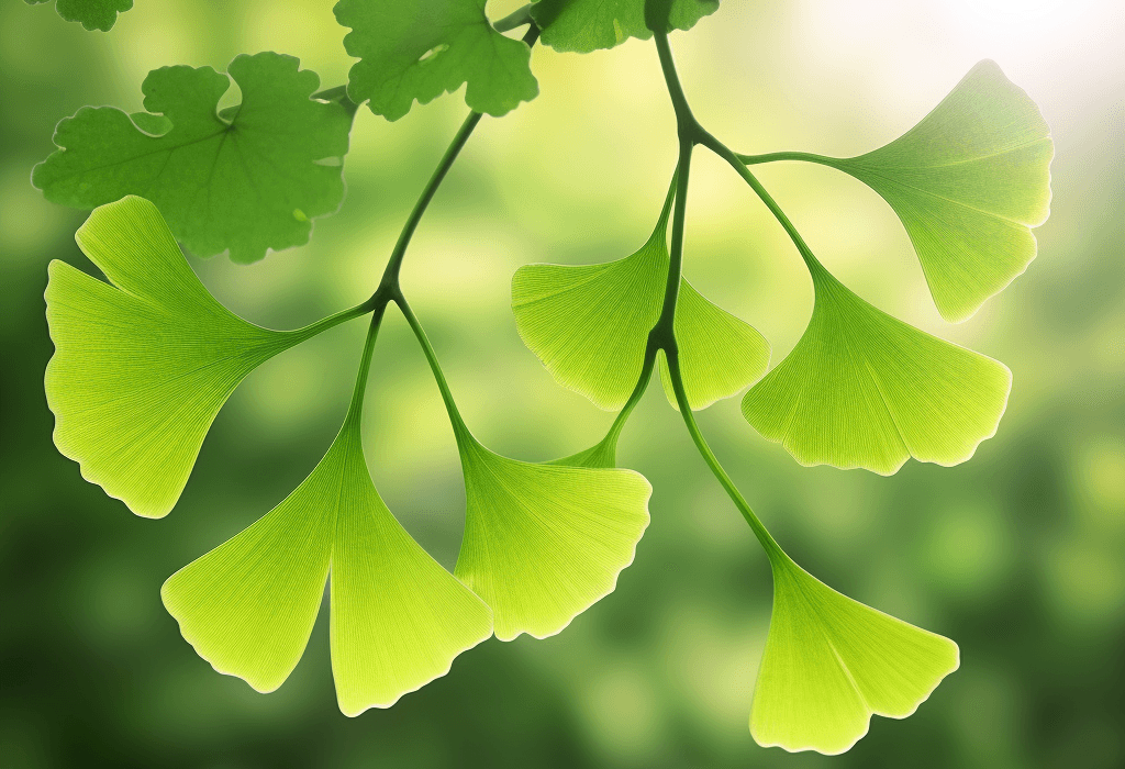 Ginkgo biloba – A bright depiction of Ginkgo biloba leaves, included in Interstellar Blends for cognitive enhancement and circulation.
