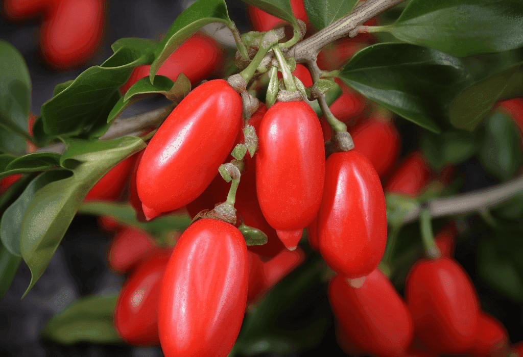 Lycium barbarum (Wolfberry/Goji) – A bright shot of Goji berries, a superfood in Interstellar Blends for eye health and immune support.