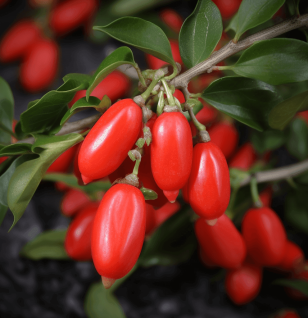 Lycium barbarum (Wolfberry/Goji) – A bright shot of Goji berries, a superfood in Interstellar Blends for eye health and immune support.