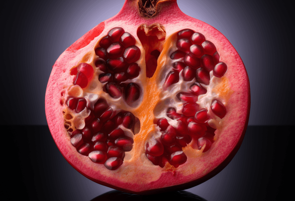 Punica granatum (Pomegranate) – A striking shot of pomegranate fruit, rich in polyphenols, featured in Interstellar Blends for heart health and anti-aging properties.