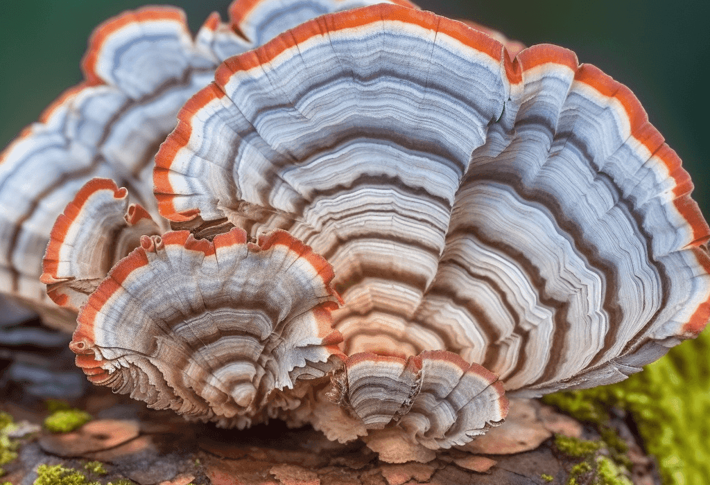 Turkey Tail (Trametes versicolor) – A close-up of Turkey Tail mushrooms, a vital component of Interstellar Blends for immune modulation and gut health.