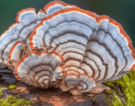 Turkey Tail (Trametes versicolor) – A close-up of Turkey Tail mushrooms, a vital component of Interstellar Blends for immune modulation and gut health.