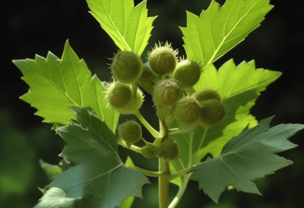 Xanthium indicum (Indian Cocklebur) plant illustration, a traditional herb featured in Interstellar Blends' herbal formulas, known for its anti-inflammatory, analgesic, and sinus-clearing properties