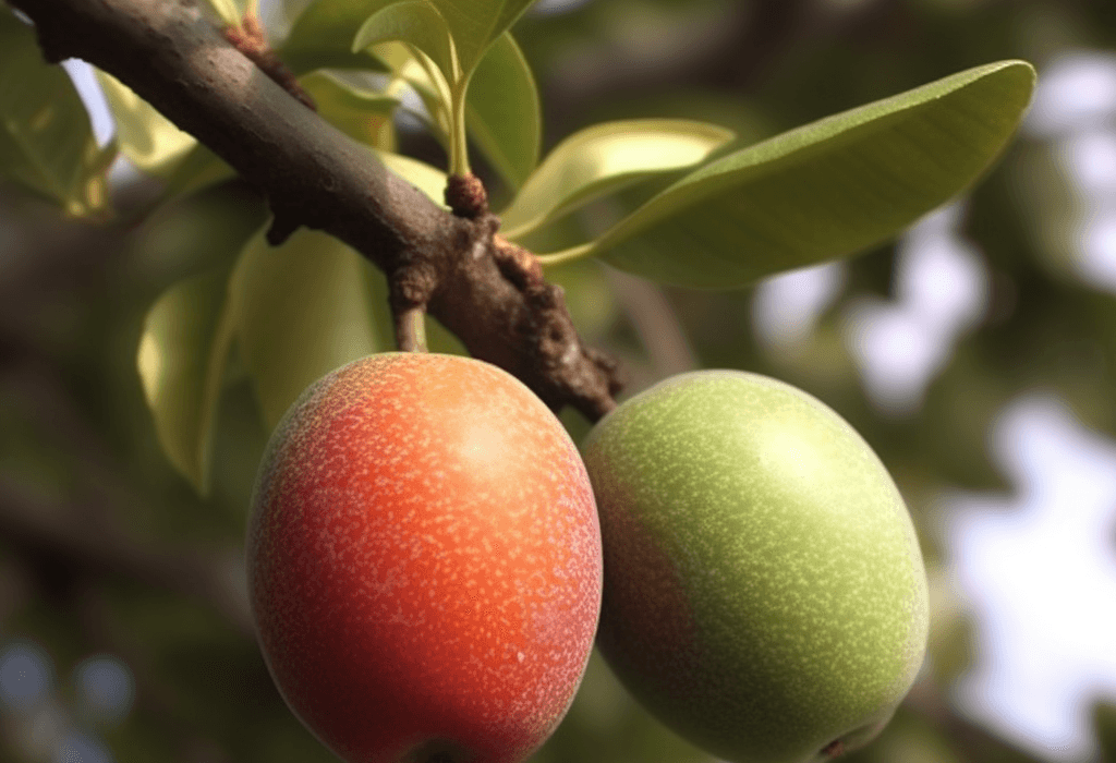 Ximenia americana (Wild Plum) fruit and leaf illustration, a nutrient-rich plant featured in Interstellar Blends' herbal formulas, known for its anti-inflammatory, antioxidant, and skin-rejuvenating properties