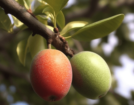Ximenia americana (Wild Plum) fruit and leaf illustration, a nutrient-rich plant featured in Interstellar Blends' herbal formulas, known for its anti-inflammatory, antioxidant, and skin-rejuvenating properties