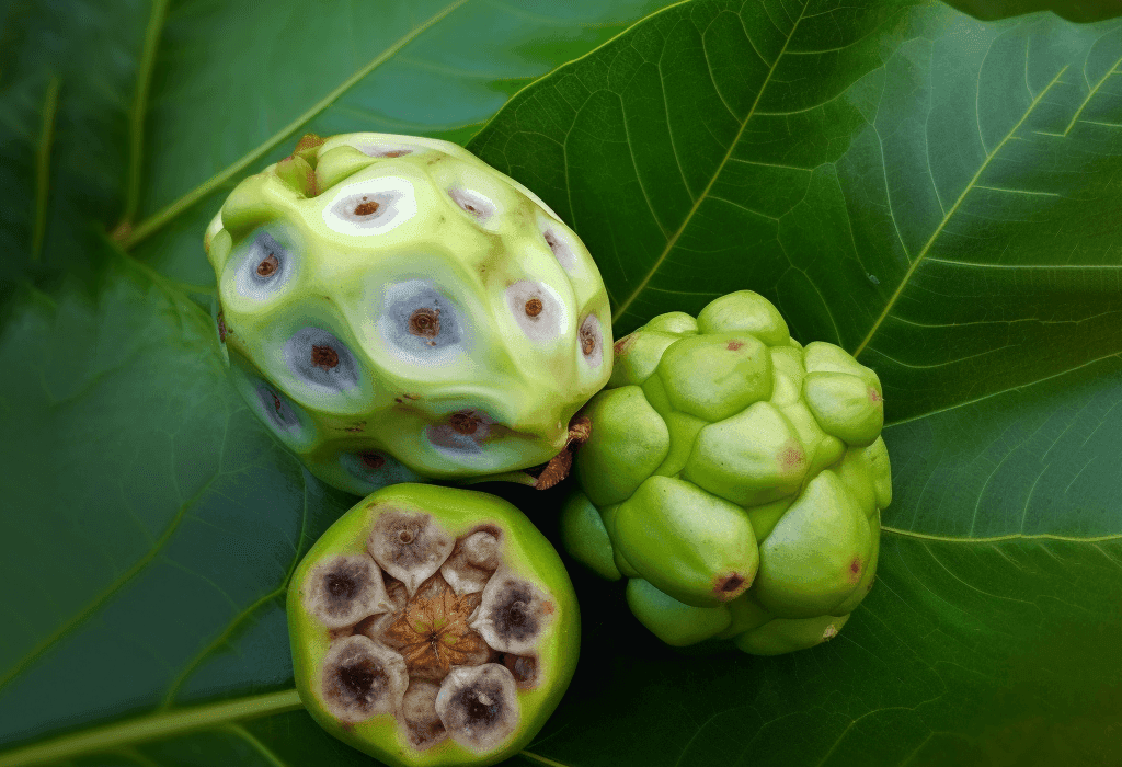 Noni (Morinda citrifolia) – A close-up of Noni fruit, a traditional remedy in Interstellar Blends for immune and digestive support.