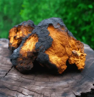Chaga (Inonotus obliquus) – A detailed photo of Chaga mushroom, a superfood in Interstellar Blends for immune function and cellular support.