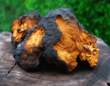 Chaga (Inonotus obliquus) – A detailed photo of Chaga mushroom, a superfood in Interstellar Blends for immune function and cellular support.
